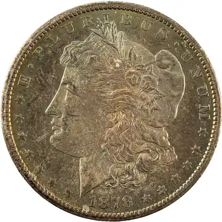 Obverse of an 1878-CC Morgan silver dollar